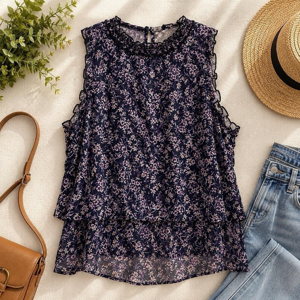 AE American Eagle Floral Ruffle Sleeveless Blouse Top Women XL Boho